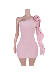 Knitted Flower Decor One Shoulder Mini Dress