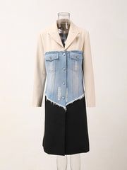 Denim Wear Out Raged Hem Lapel Trench Coat