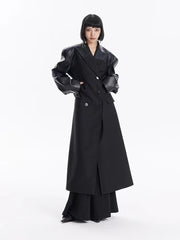 PU Patchwork Double-breasted Lapel Long Trench Coat