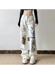 Denim Graffiti Letter Print Straight Jeans