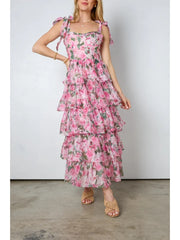 Print A-line Sleeveless Tiered Dresses