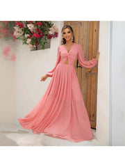 Solid Color Hollow-out Knot Lantern Sleeve Maxi Dress