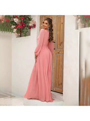 Solid Color Hollow-out Knot Lantern Sleeve Maxi Dress