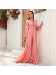 Solid Color Hollow-out Knot Lantern Sleeve Maxi Dress