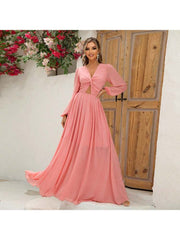 Solid Color Hollow-out Knot Lantern Sleeve Maxi Dress