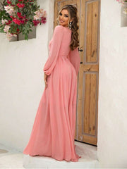 Solid Color Hollow-out Knot Lantern Sleeve Maxi Dress