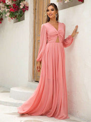 Solid Color Hollow-out Knot Lantern Sleeve Maxi Dress