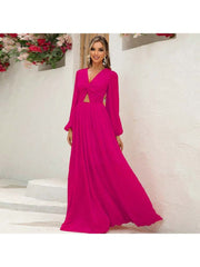 Solid Color Hollow-out Knot Lantern Sleeve Maxi Dress