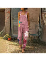 Floral Denim Overalls Jumpsuits