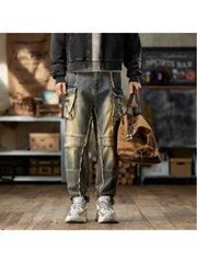 Patchwork Zipper Raged Hem Men's Cargo Jeans