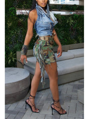 Camouflage Patched Denim Ribbons Cargo Skirts