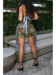 Camouflage Patched Denim Ribbons Cargo Skirts