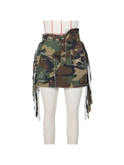 Camouflage Patched Denim Ribbons Cargo Skirts