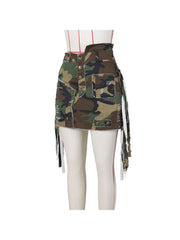 Camouflage Patched Denim Ribbons Cargo Skirts