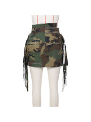 Camouflage Patched Denim Ribbons Cargo Skirts