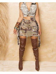 Camouflage Patched Denim Ribbons Cargo Skirts