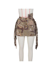 Camouflage Patched Denim Ribbons Cargo Skirts