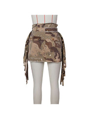 Camouflage Patched Denim Ribbons Cargo Skirts