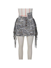 Camouflage Patched Denim Ribbons Cargo Skirts