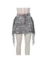 Camouflage Patched Denim Ribbons Cargo Skirts