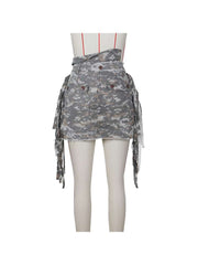 Camouflage Patched Denim Ribbons Cargo Skirts