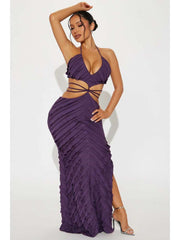 Halter Split Hem Backless Maxi Dresses