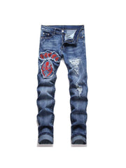 Embroidery Ripped Mid-rise Men's Jeans