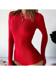 Pure Color Bodycon Long Sleeve Bodysuits