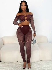 Cutouts Embellished Off Shoulder Pant Sets