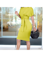 Plain Waist Tie Batwing Sleeve Fitted Midi Dress