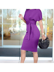 Plain Waist Tie Batwing Sleeve Fitted Midi Dress