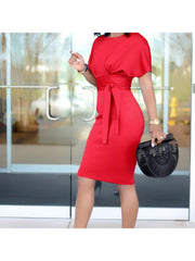 Plain Waist Tie Batwing Sleeve Fitted Midi Dress