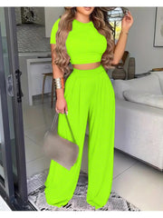 Plain Color Cropped Wide Leg Pant Sets