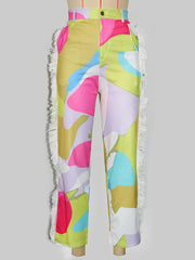 Contrast Color Print Tassel Flared Pants