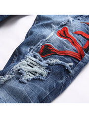 Embroidery Ripped Washed Men's Jeans