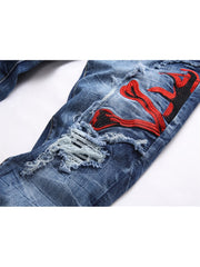 Embroidery Ripped Washed Men's Jeans