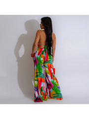 Halter Print Backless Wide Leg Jumpsuits