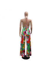 Halter Print Backless Wide Leg Jumpsuits