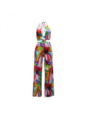 Halter Print Backless Wide Leg Jumpsuits