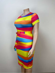 Contrast Color Striped Bandage Midi Dress