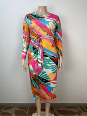 Colorblock Leaf Printed Bandage Maxi Dress