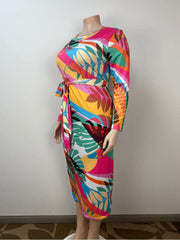 Colorblock Leaf Printed Bandage Maxi Dress