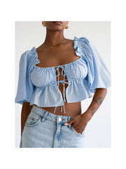 Plaid Square Neck Lacework Cropped Blouses