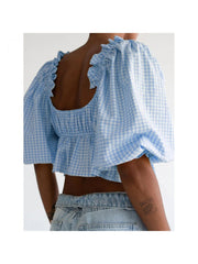 Plaid Square Neck Lacework Cropped Blouses