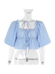 Plaid Square Neck Lacework Cropped Blouses