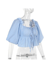 Plaid Square Neck Lacework Cropped Blouses