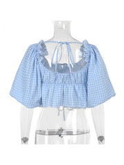 Plaid Square Neck Lacework Cropped Blouses