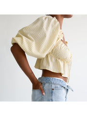 Plaid Square Neck Lacework Cropped Blouses