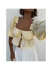 Plaid Square Neck Lacework Cropped Blouses