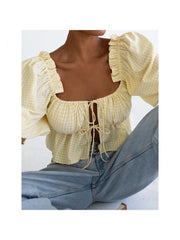 Plaid Square Neck Lacework Cropped Blouses